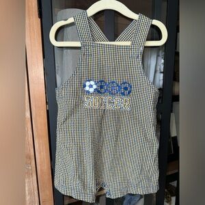90s Vintage Soccer appliqué embroidered jon jon romper overalls baby boy toddler